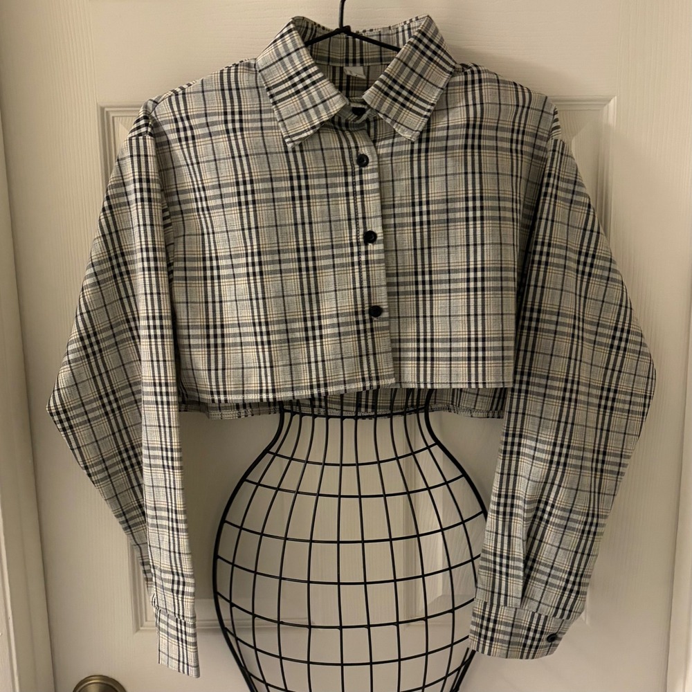 Plaid Cropped Shirt Neutral Check Boxy Button Up Y2K Grunge Aesthetic Sz S EUC - Picture 2 of 8